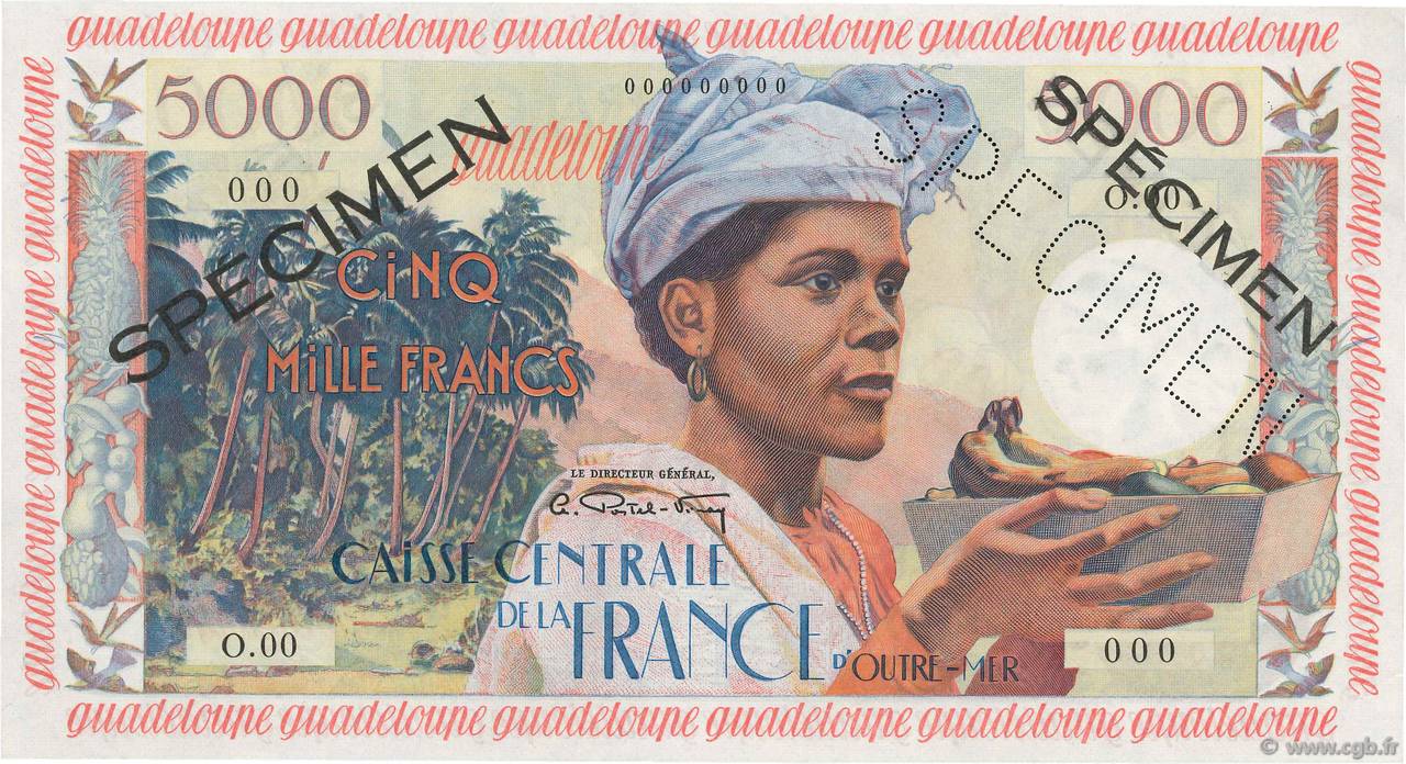 5000 Francs antillaise Spécimen GUADELOUPE  1960 P.40s AU