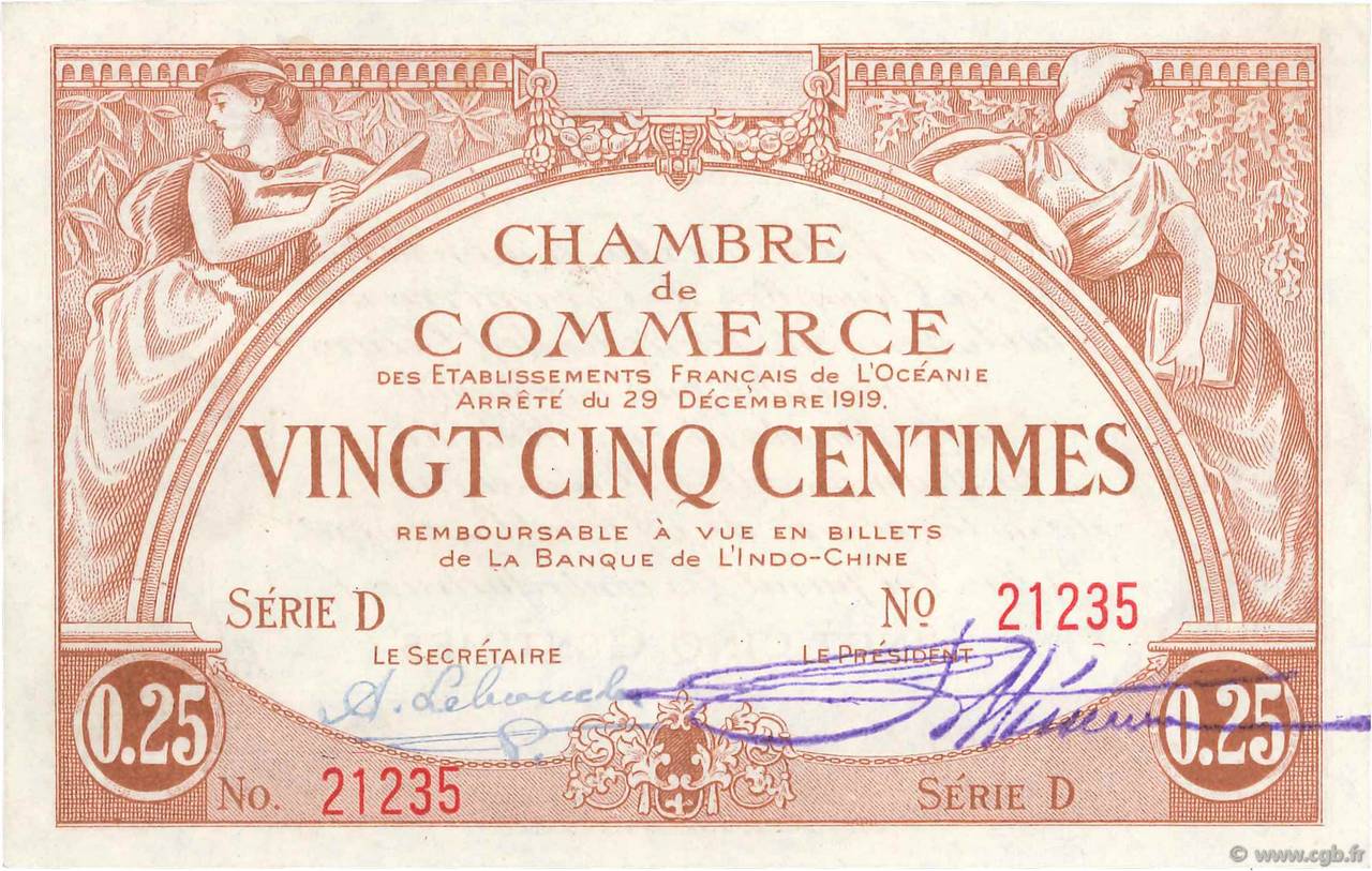 25 Centimes OCÉANIE  1919 P.01a NEUF