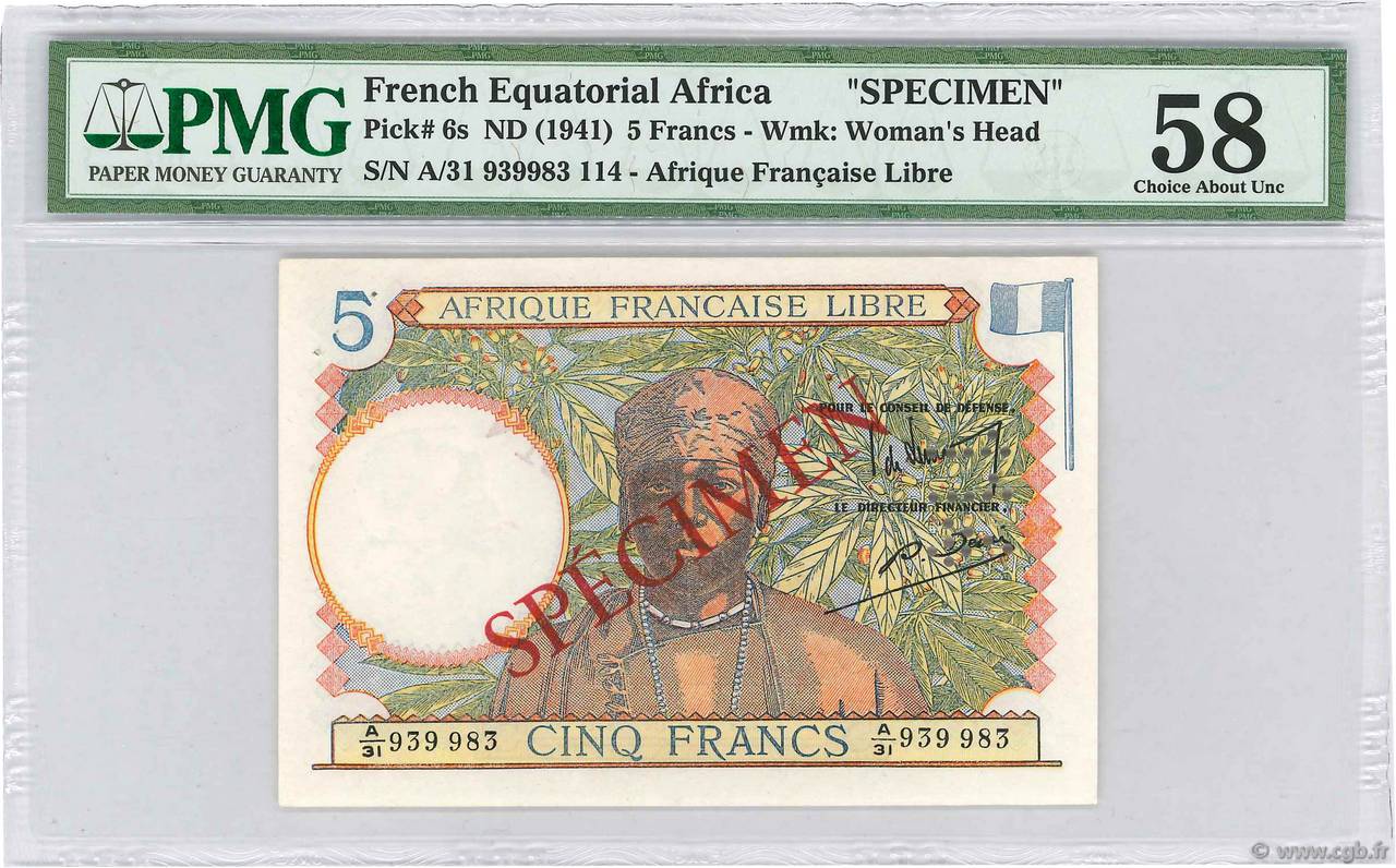 5 Francs Spécimen AFRIQUE ÉQUATORIALE FRANÇAISE Brazzaville 1941 P.06s SPL
