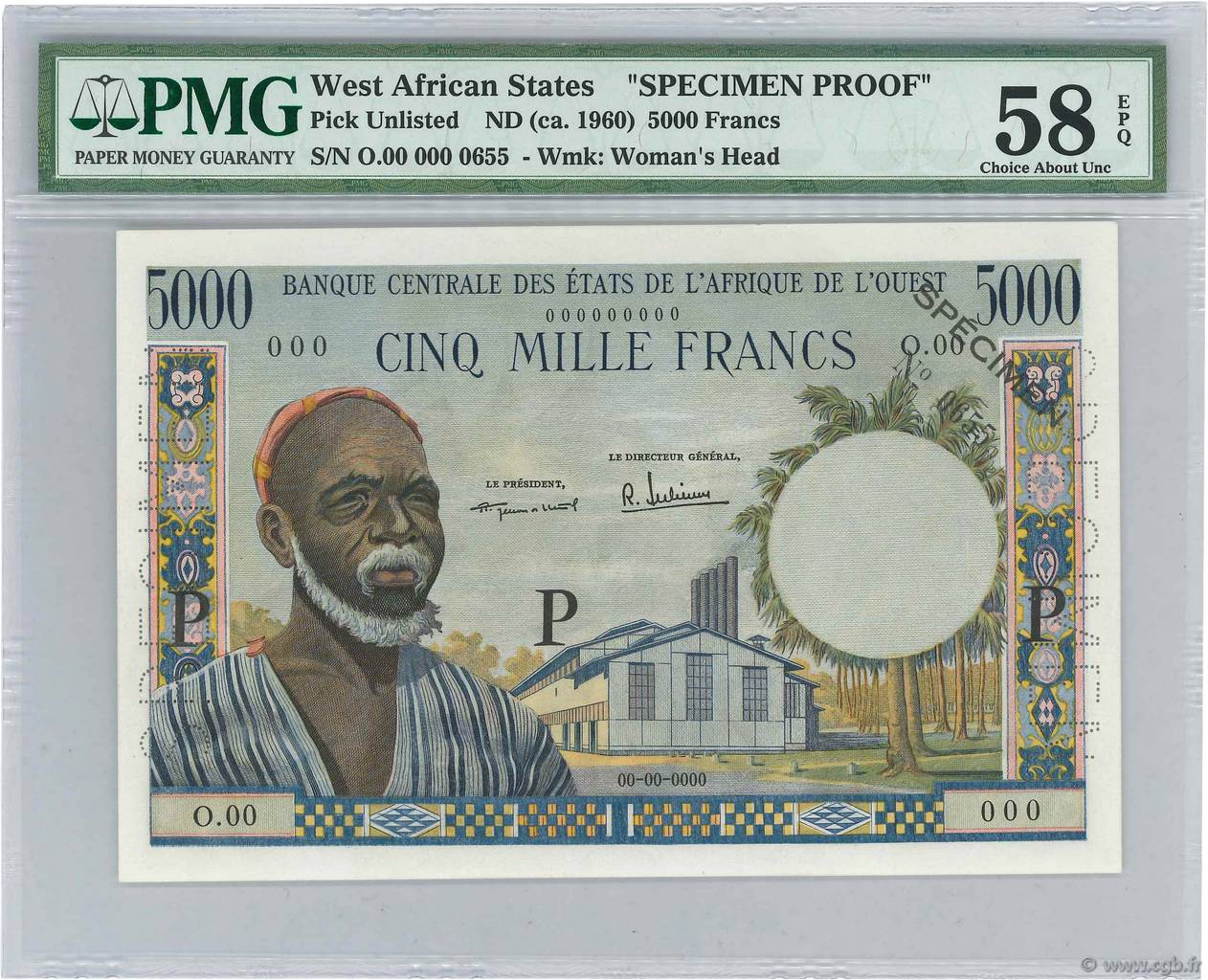 5000 Francs Spécimen ÉTATS DE L AFRIQUE DE L OUEST  1960 P.100sp pr.NEUF