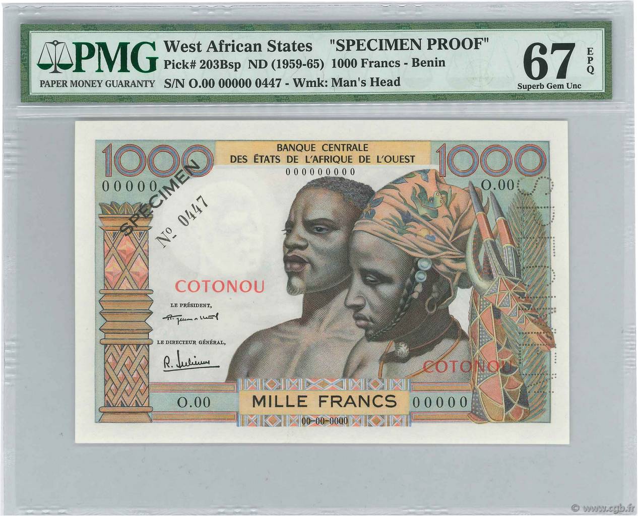 1000 Francs Spécimen ÉTATS DE L AFRIQUE DE L OUEST Cotonou 1960 P.203Dsp NEUF