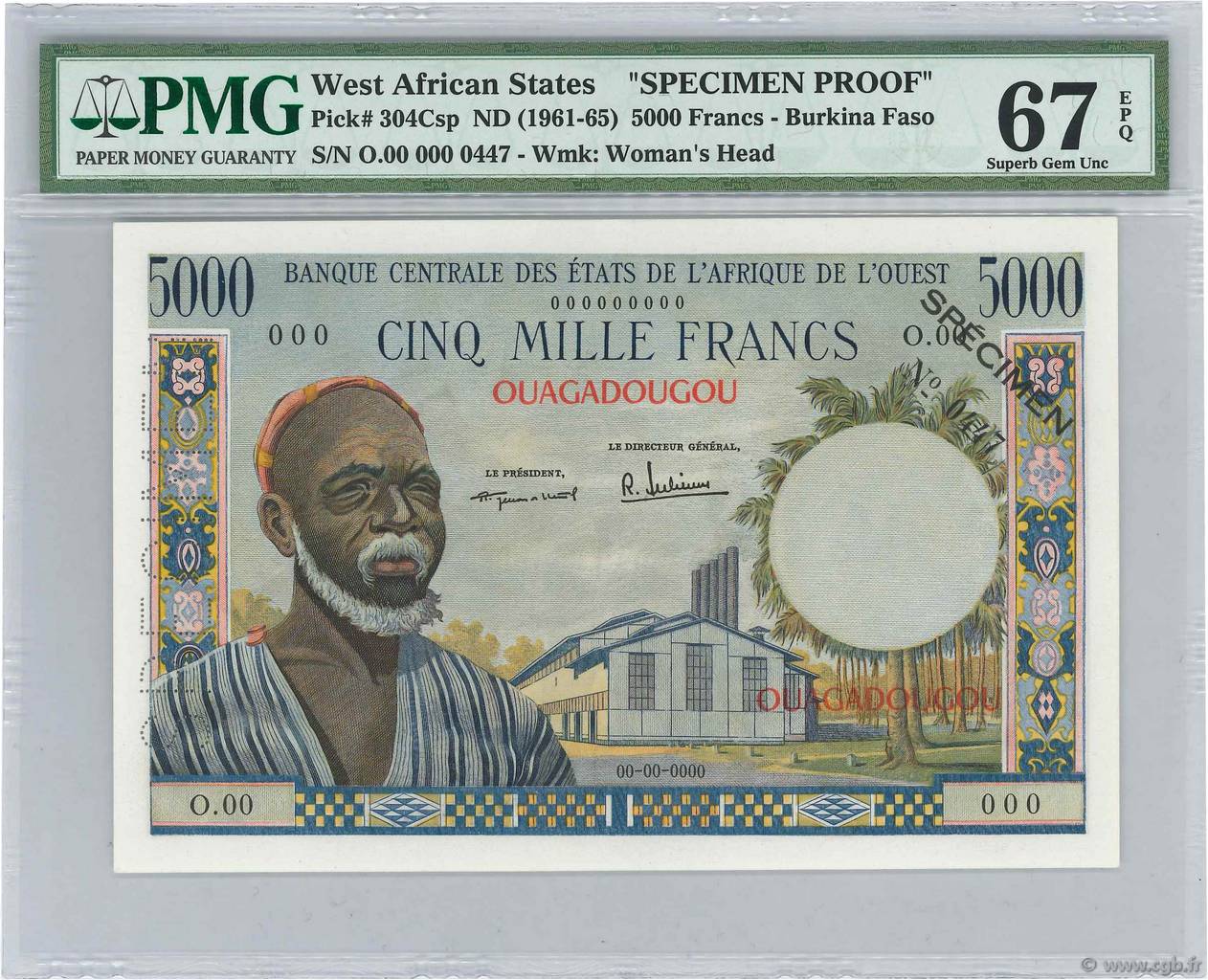5000 Francs Spécimen ÉTATS DE L AFRIQUE DE L OUEST Ouagadougou 1960 P.304Csp pr.NEUF