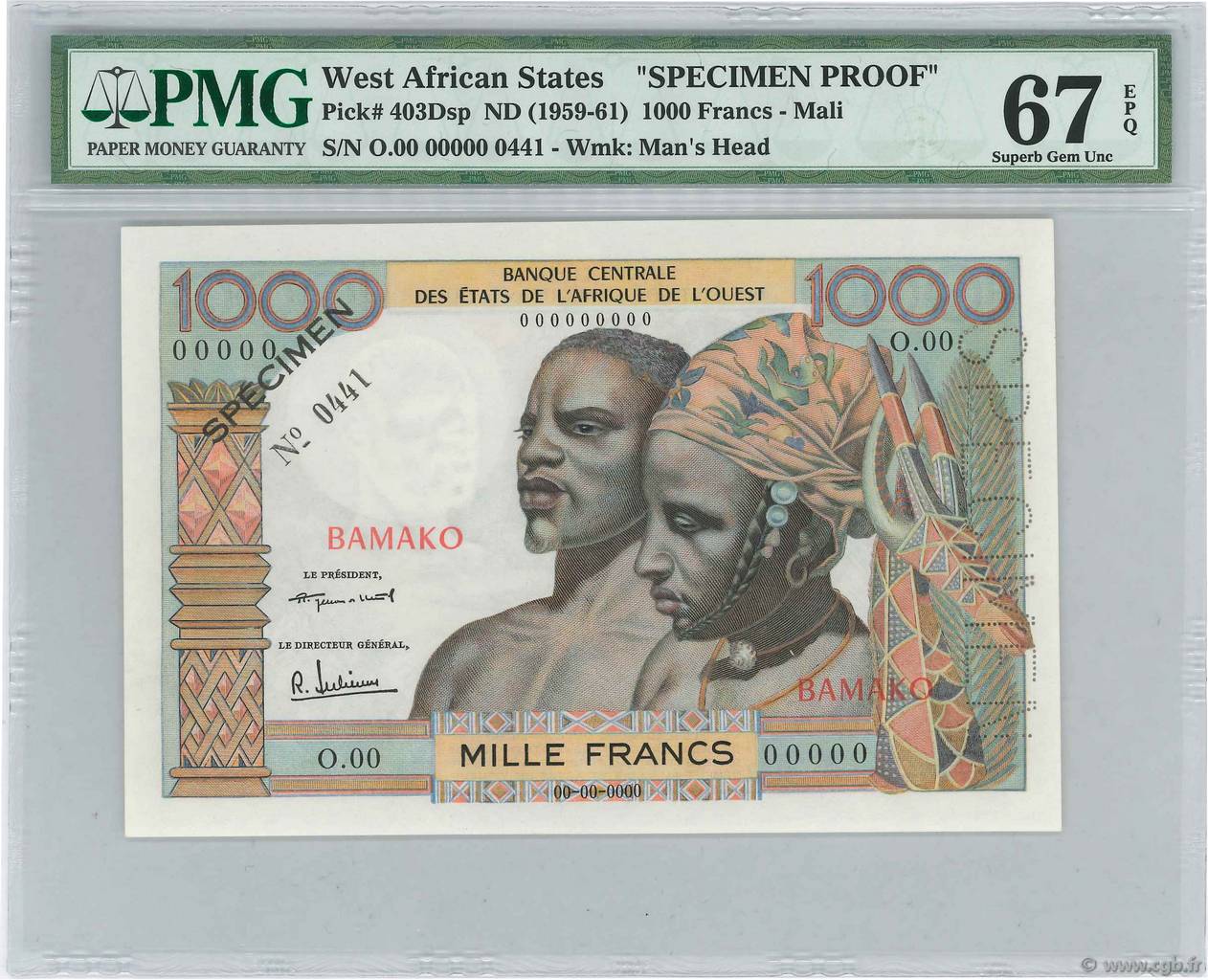 1000 Francs Spécimen ÉTATS DE L AFRIQUE DE L OUEST Bamako 1960 P.403Dsp2 NEUF