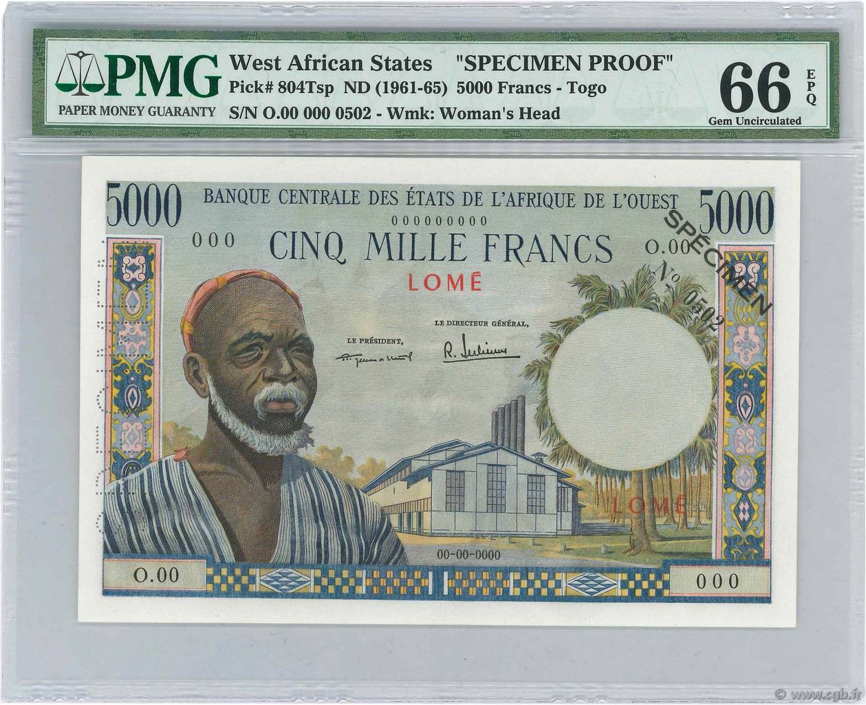 5000 Francs Spécimen STATI AMERICANI AFRICANI Lomé 1960 P.804Tsp q.FDC