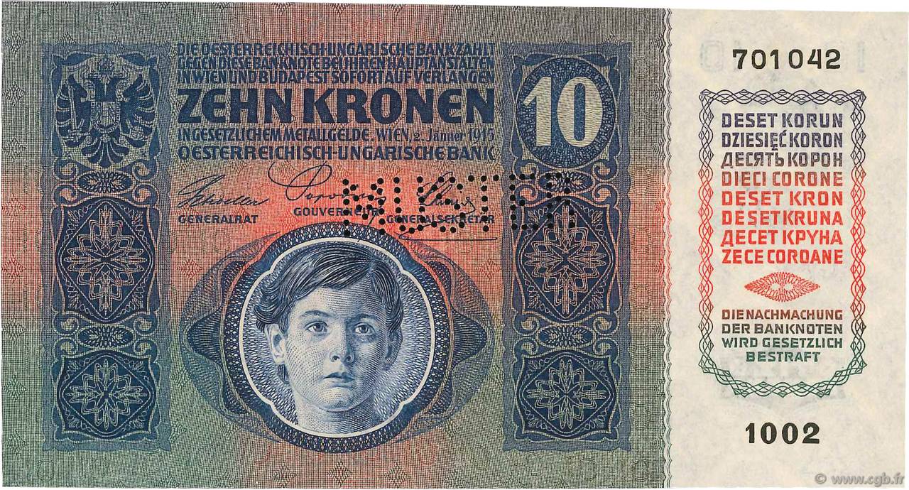 10 Kronen Spécimen AUTRICHE  1915 P.019s NEUF