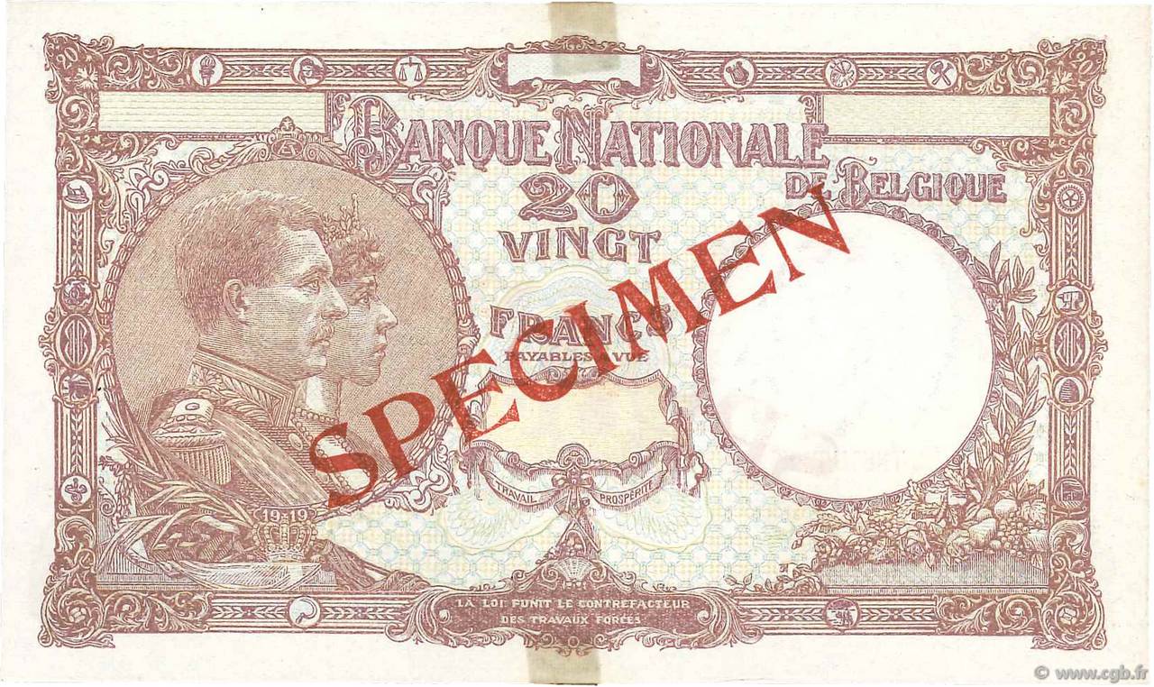 20 Francs Spécimen BELGIQUE  1940 P.111s SUP