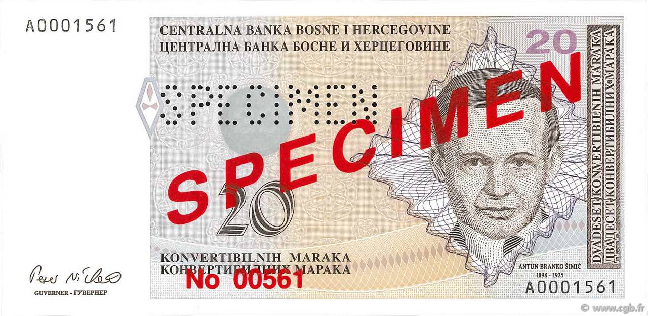 20 Convertible Maraka Spécimen BOSNIEN-HERZEGOWINA  1998 P.065s3 ST
