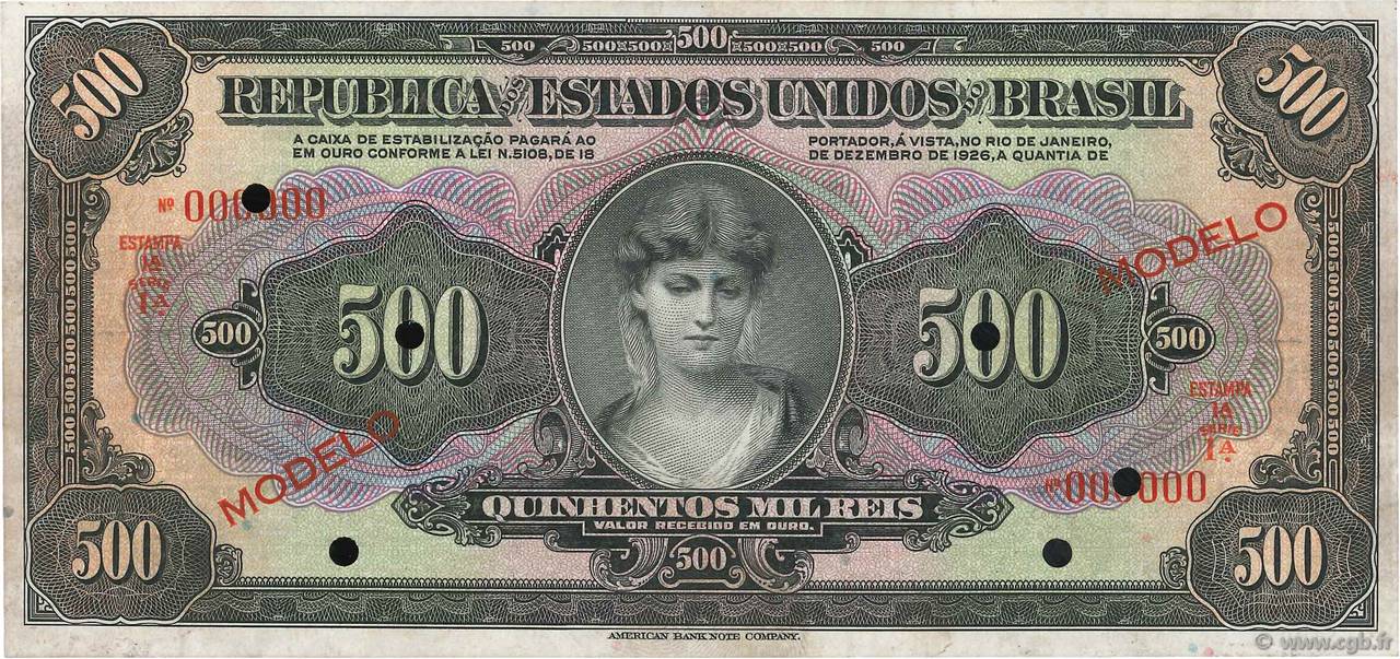 500 Mil Reis Spécimen BRAZIL  1926 P.108s VF+