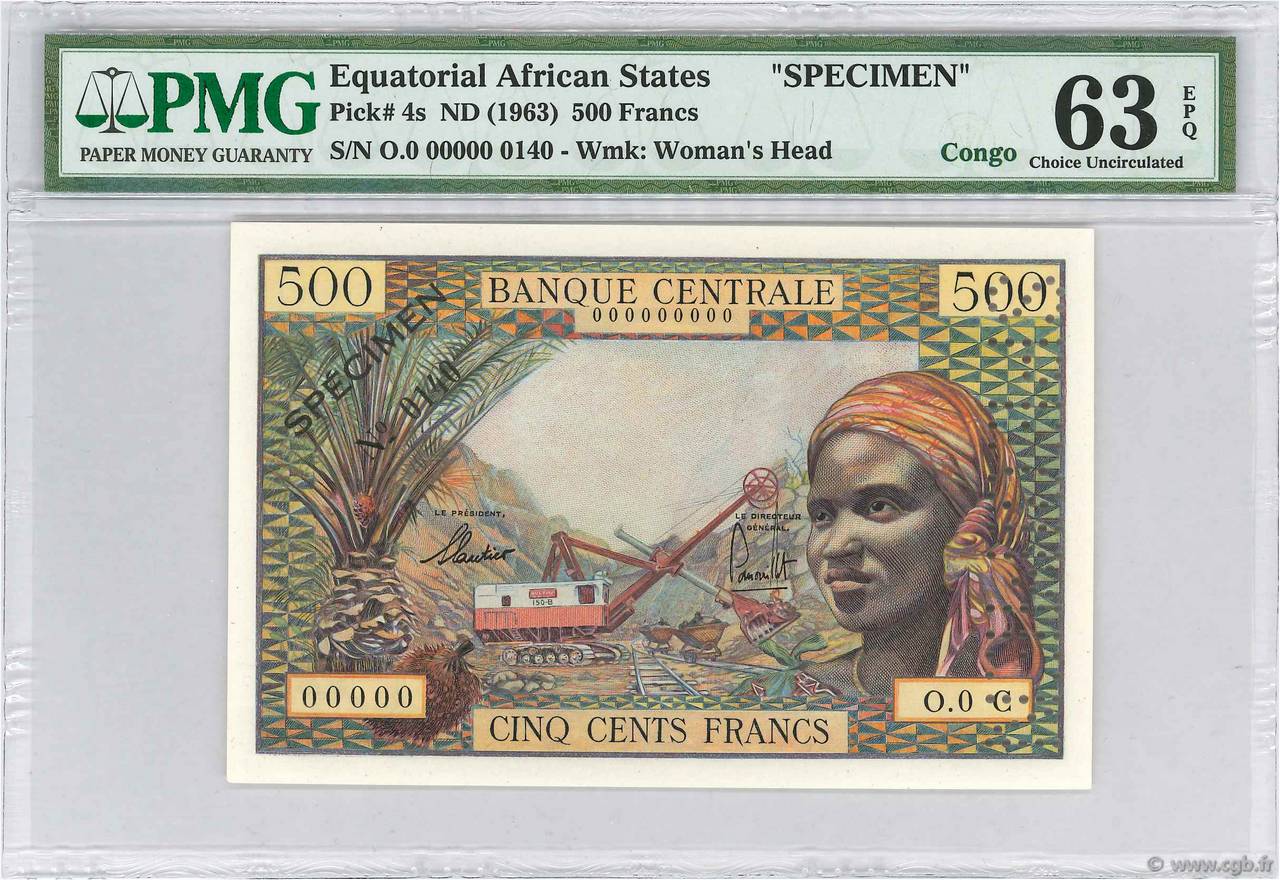 500 Francs Spécimen EQUATORIAL AFRICAN STATES (FRENCH)  1963 P.04cs UNC-