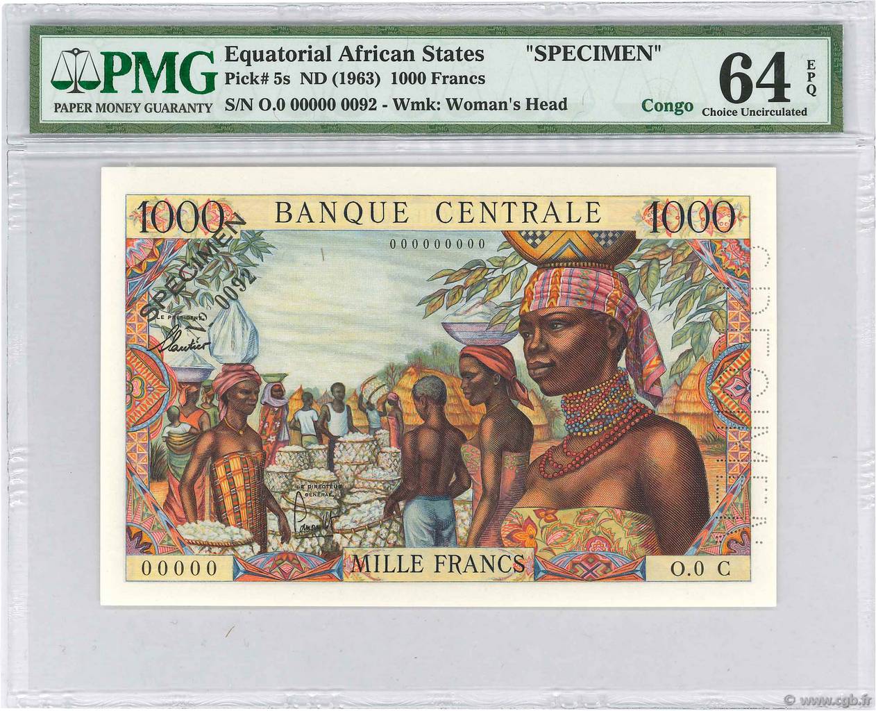1000 Francs Spécimen ÉTATS DE L AFRIQUE ÉQUATORIALE  1963 P.05cs NEUF