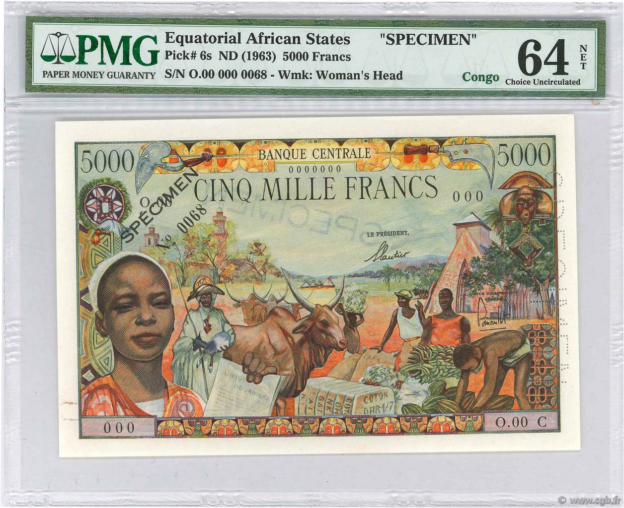 5000 Francs Spécimen EQUATORIAL AFRICAN STATES (FRENCH)  1963 P.06cs UNC-