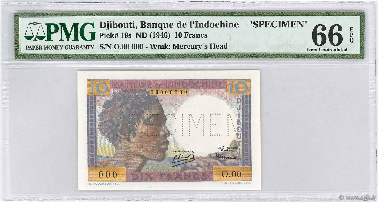 10 Francs Spécimen DSCHIBUTI   1946 P.19s ST