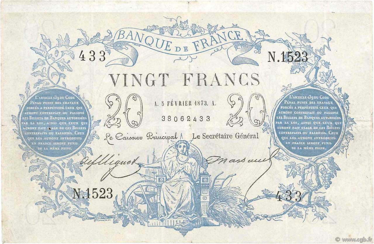 20 Francs type 1871 FRANCE  1873 F.A46.04 TB+