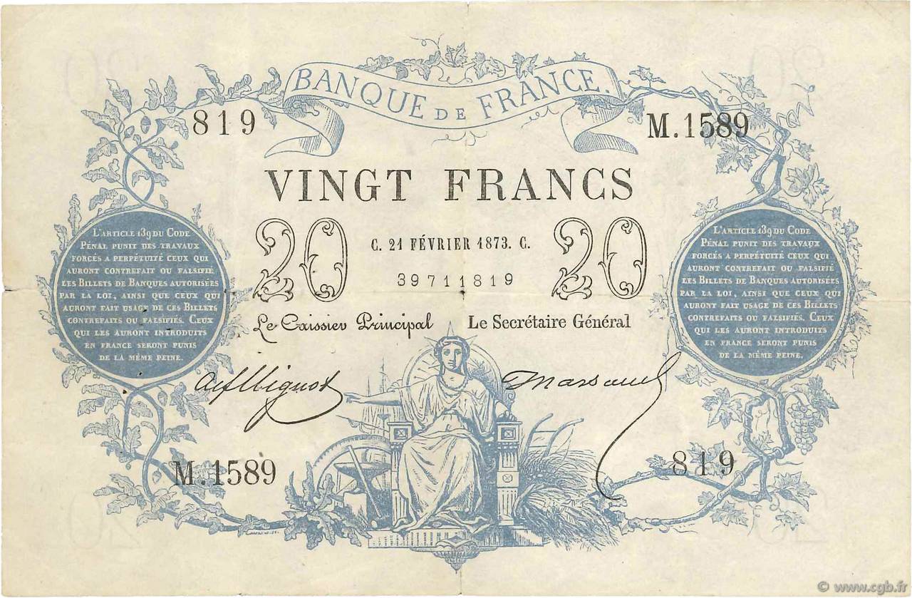 20 Francs type 1871 FRANCIA  1873 F.A46.04 MB