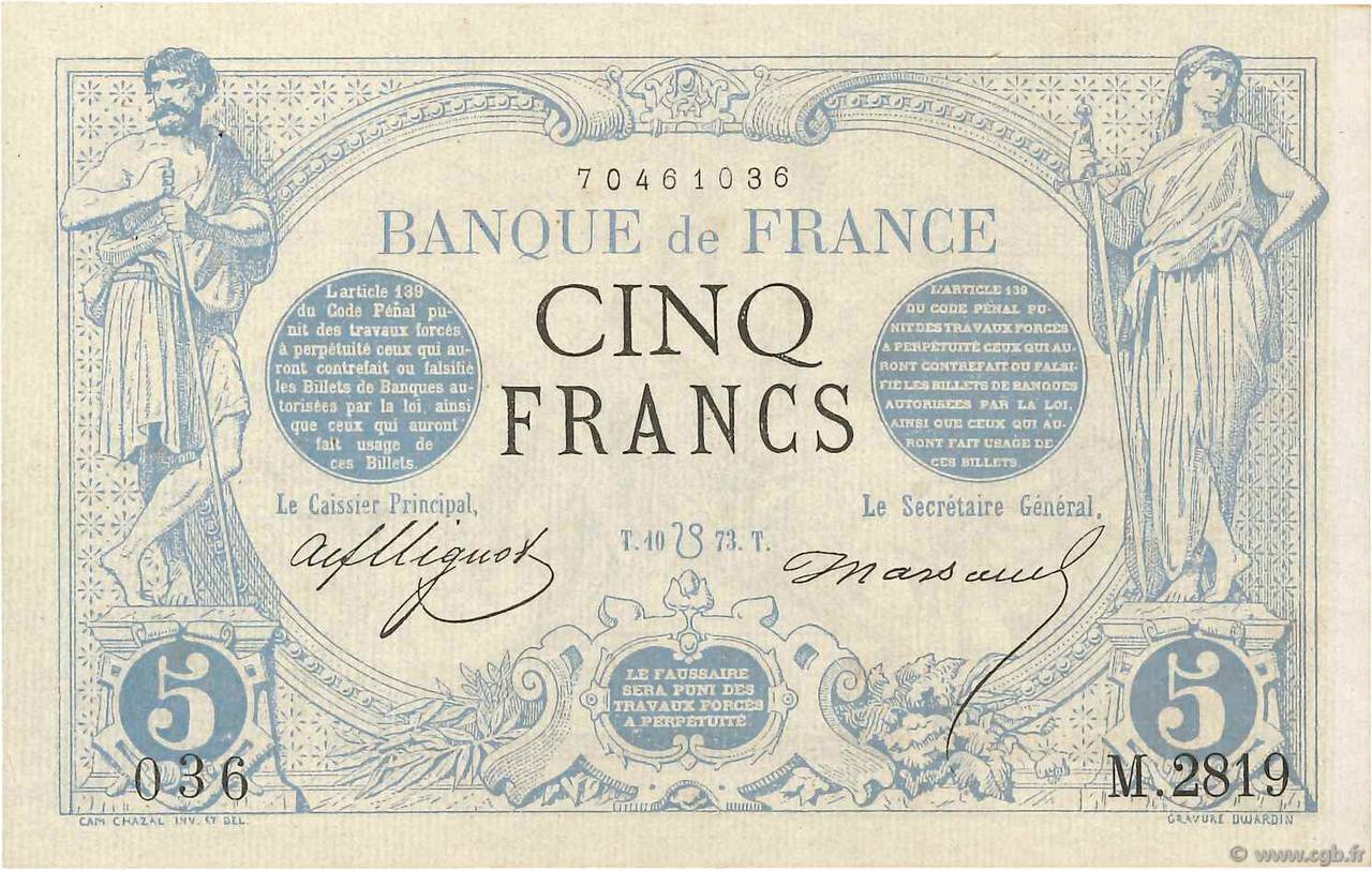 5 Francs NOIR FRANCE  1873 F.01.20 XF+