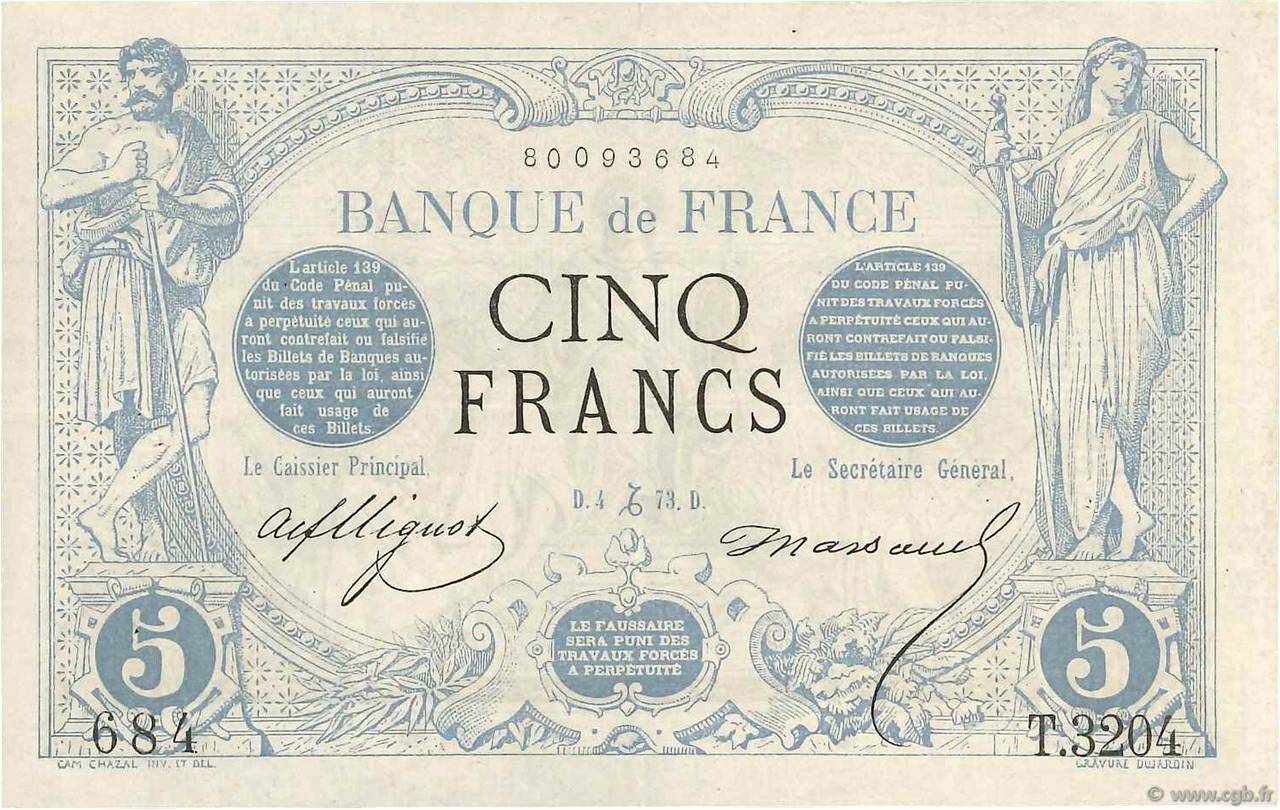 5 Francs NOIR FRANCE  1873 F.01.24 XF