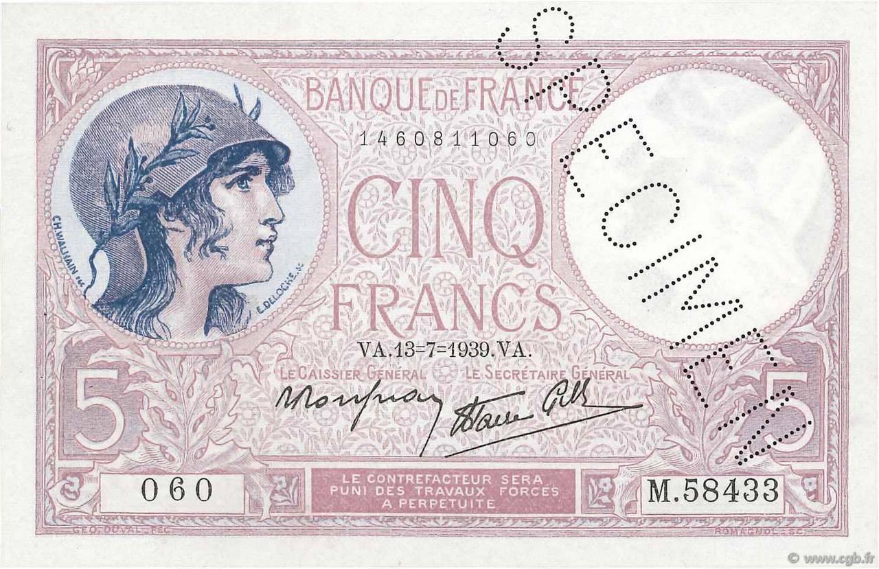 5 Francs FEMME CASQUÉE modifié Spécimen FRANCIA  1939 F.04.01Scp EBC+