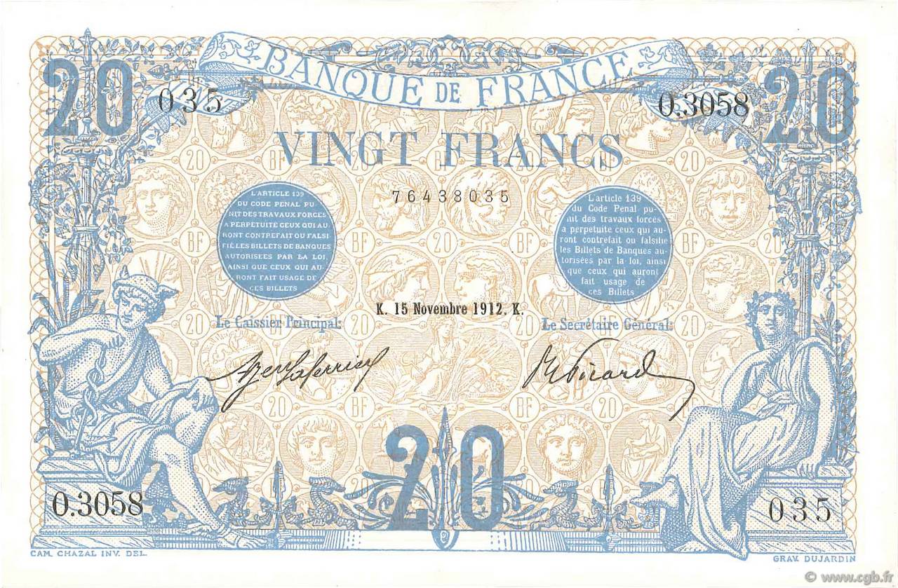 20 Francs BLEU FRANCIA  1912 F.10.02 EBC a SC