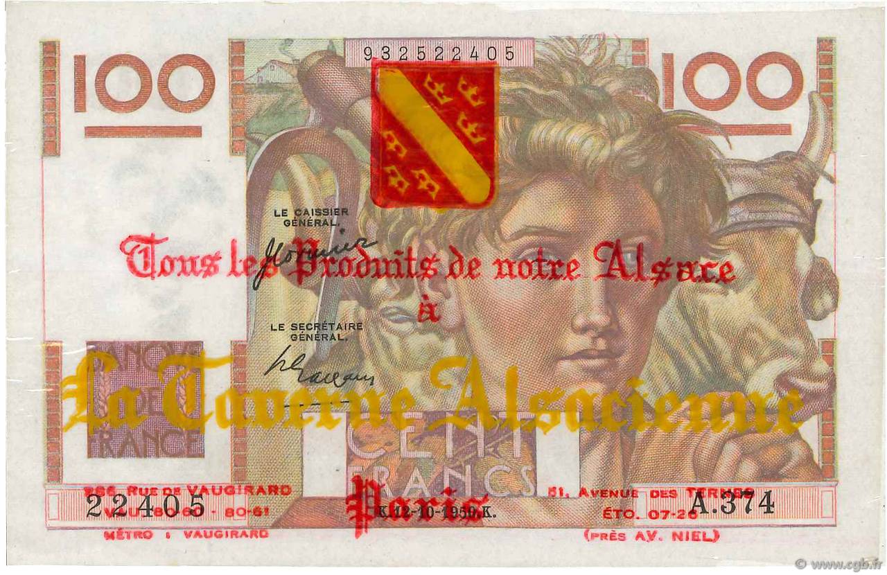 100 Francs JEUNE PAYSAN Publicitaire FRANCIA  1950 F.28.27 EBC