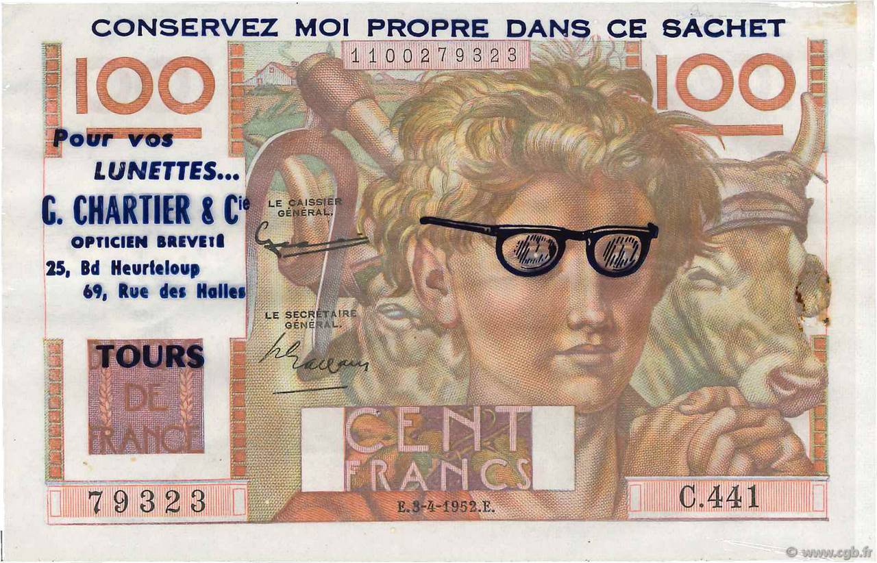 100 Francs JEUNE PAYSAN Publicitaire FRANCIA  1952 F.28.32 EBC