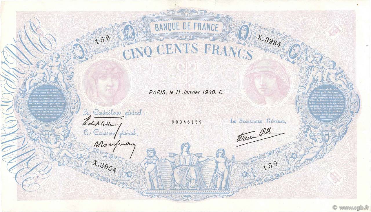 500 Francs BLEU ET ROSE modifié FRANCE  1940 F.31.56 TTB+