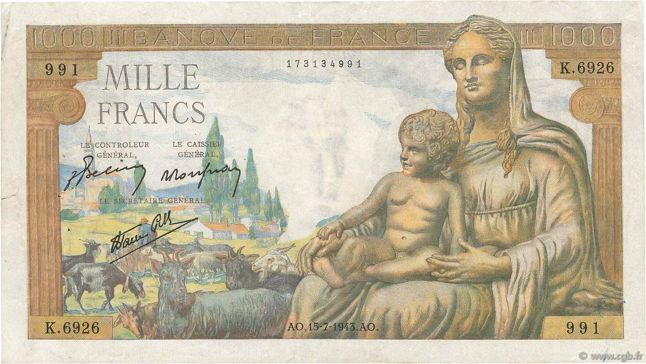 1000 Francs DÉESSE DÉMÉTER FRANCIA  1943 F.40.30 MBC+