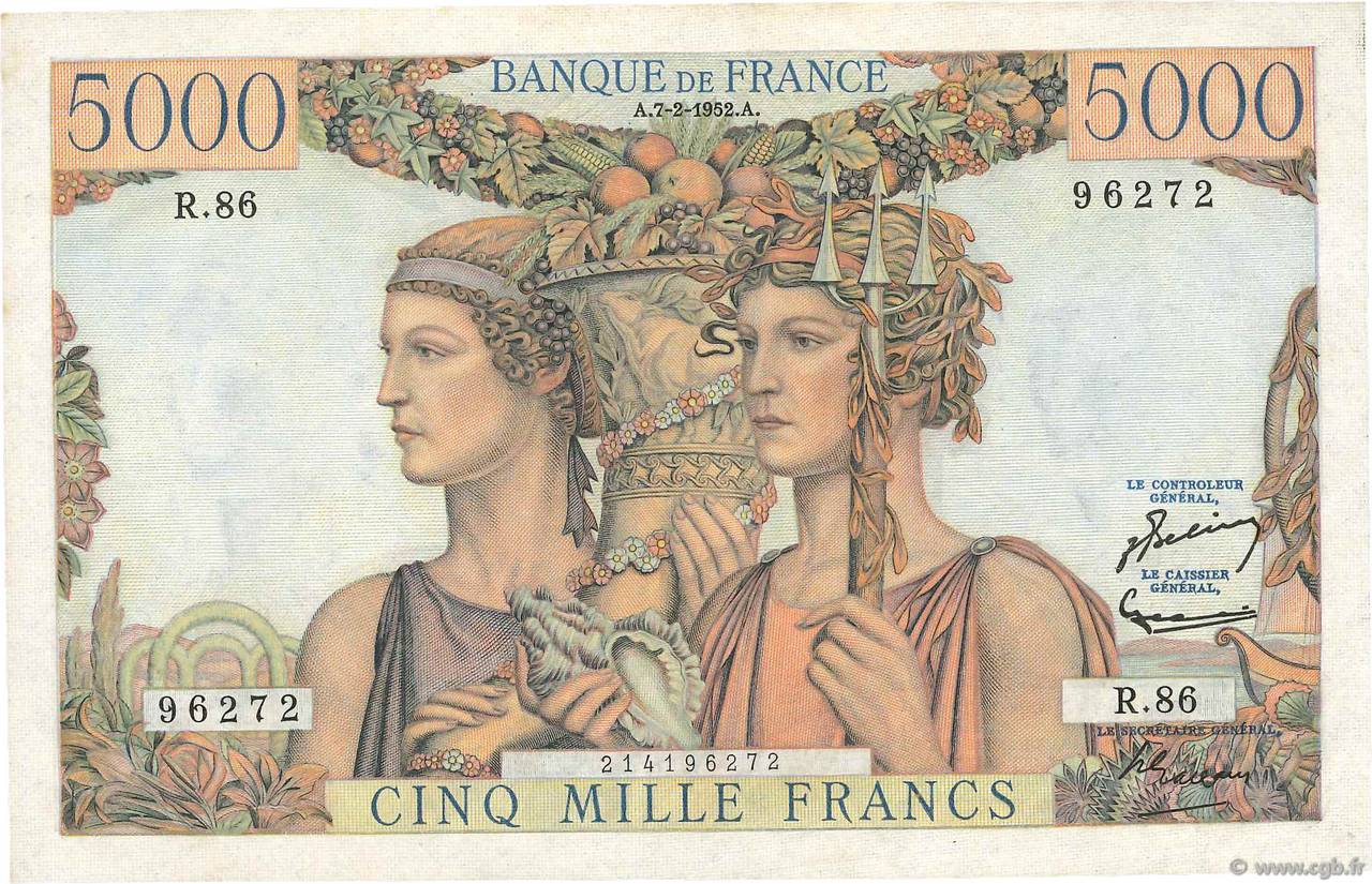 5000 Francs TERRE ET MER FRANCE  1952 F.48.06 UNC-