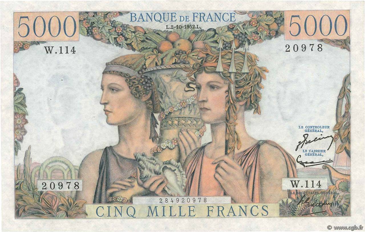 5000 Francs TERRE ET MER FRANCE  1952 F.48.07 XF+
