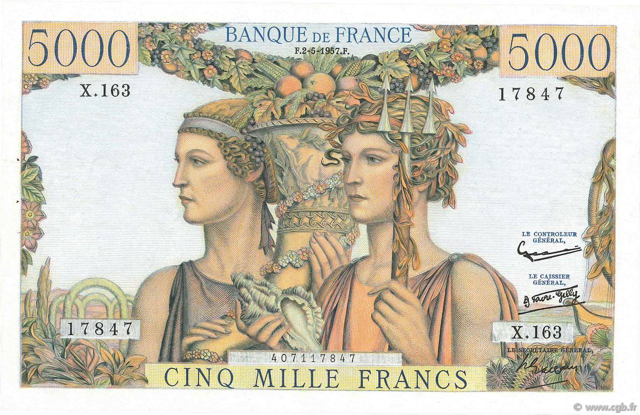 5000 Francs TERRE ET MER FRANCE  1957 F.48.14 AU