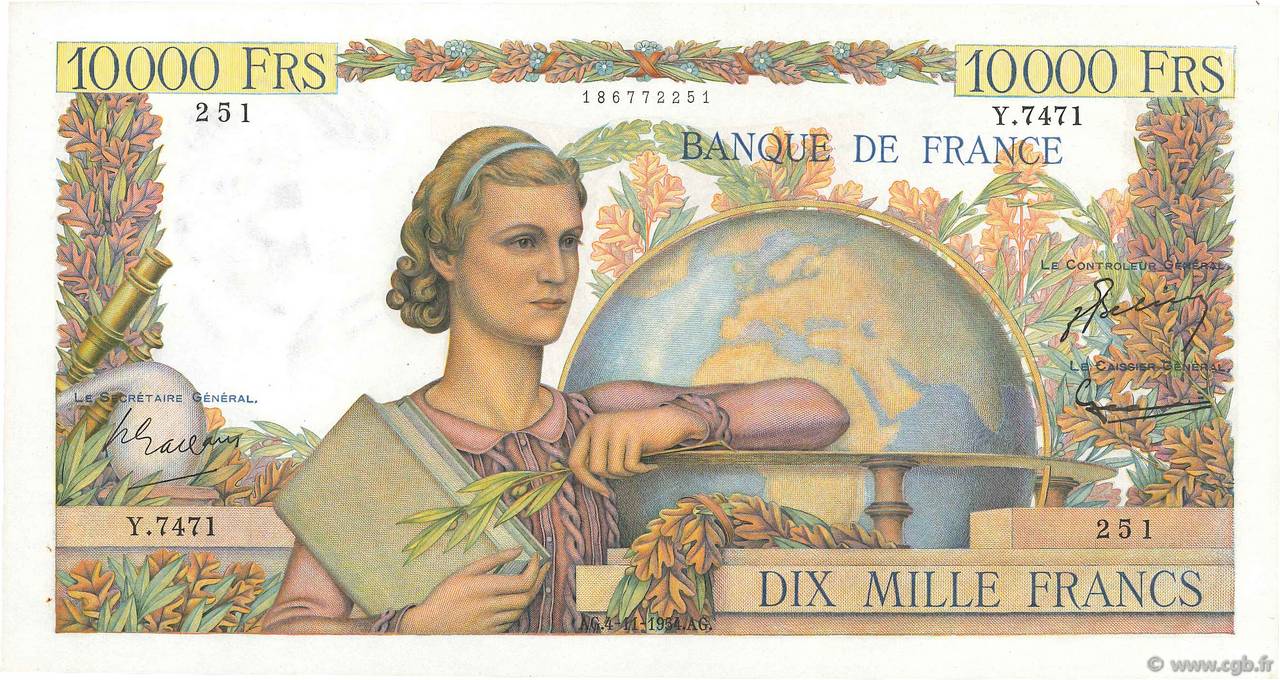 10000 Francs GÉNIE FRANÇAIS FRANCIA  1954 F.50.72 AU
