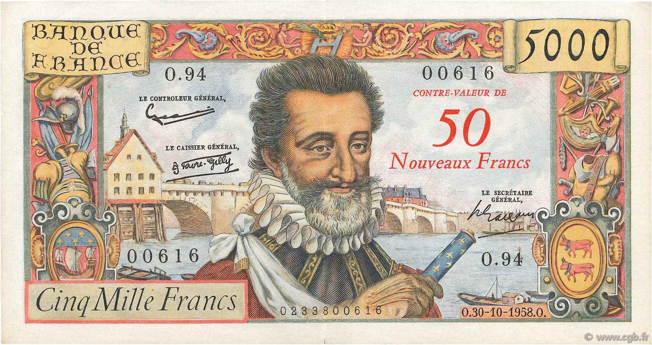 50 NF sur 5000 Francs HENRI IV FRANCE  1958 F.54.01 pr.SUP