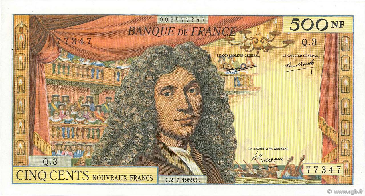 500 Nouveaux Francs MOLIÈRE FRANCE  1959 F.60.01 XF - AU