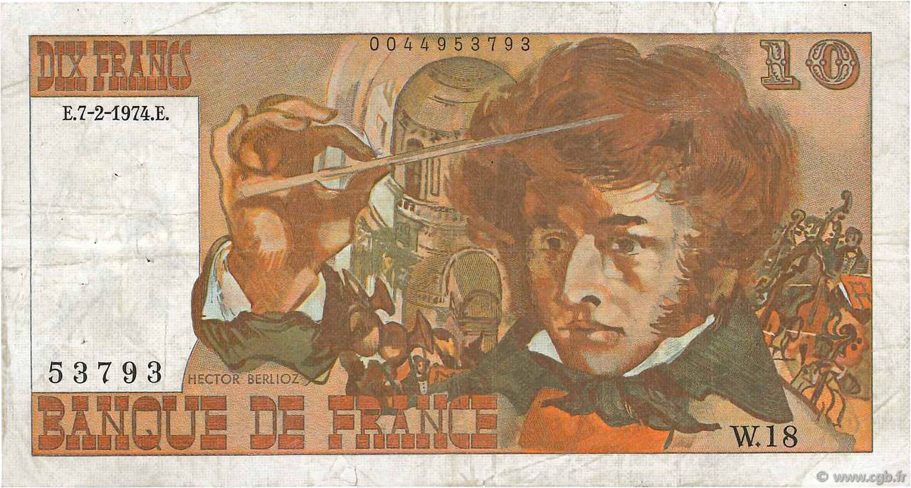 10 Francs BERLIOZ sans signatures FRANCE  1974 F.63bis.02 F+