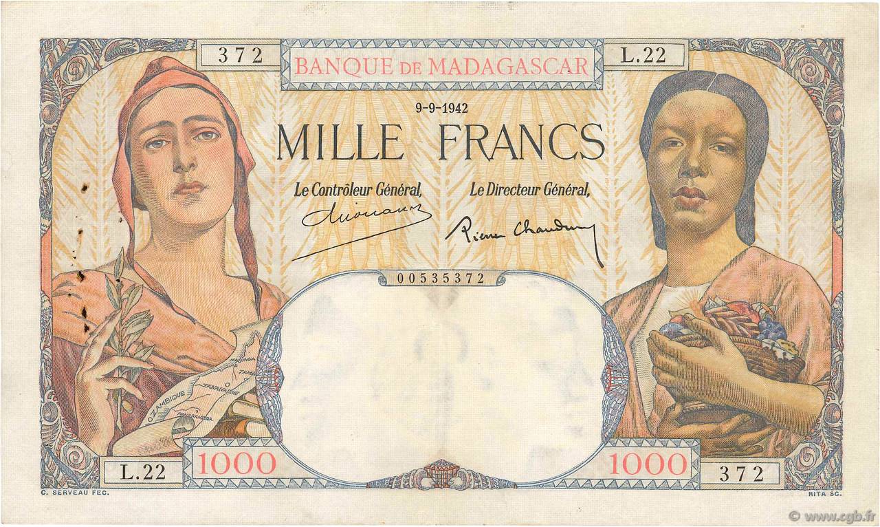 1000 Francs MADAGASCAR  1942 P.041 VF