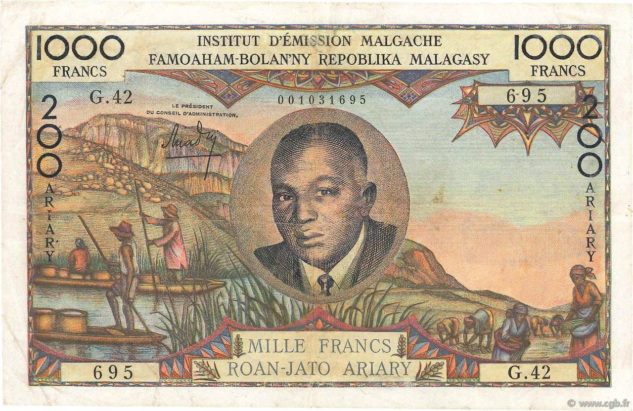 1000 Francs - 200 Ariary MADAGASKAR  1963 P.056b fSS