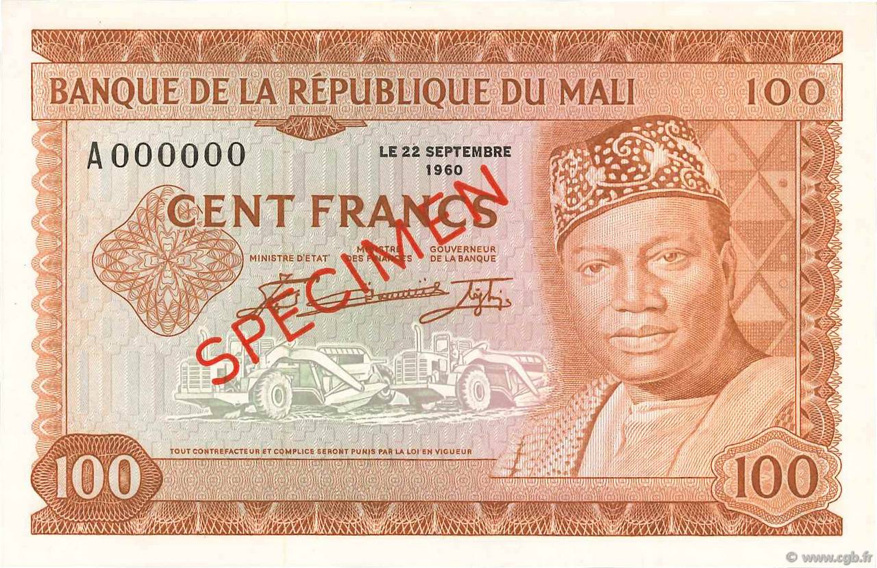 100 Francs Spécimen MALI  1960 P.07s var pr.NEUF