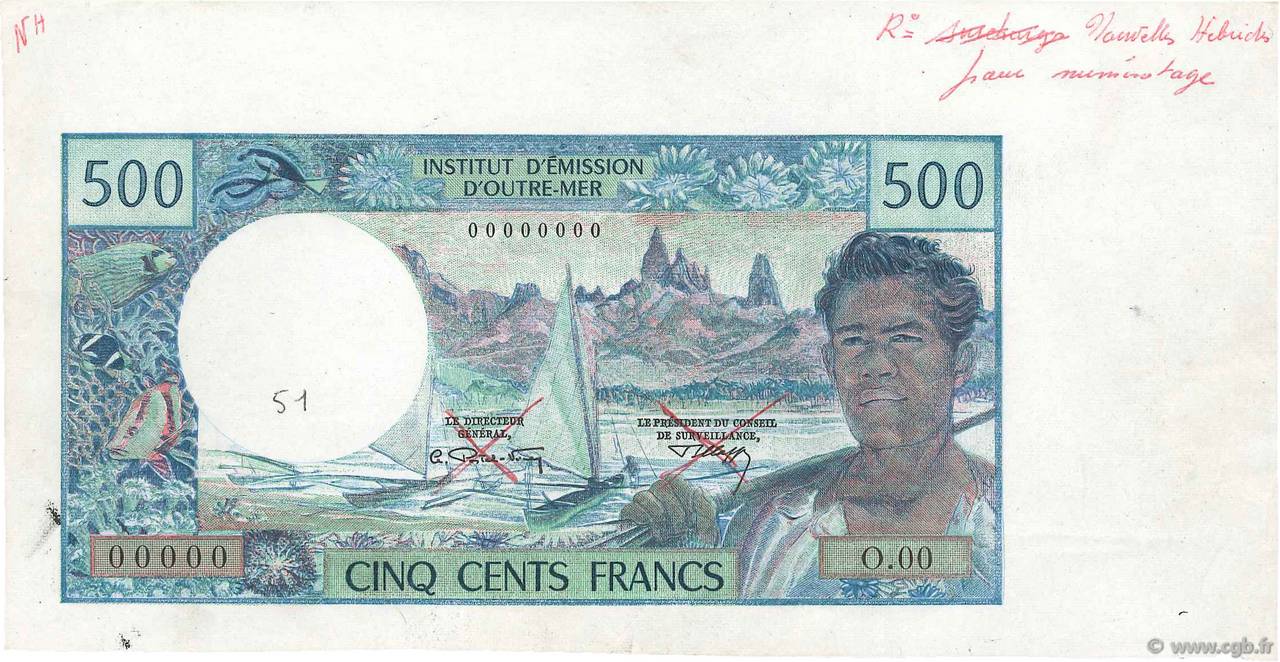 500 Francs Épreuve NUOVE EBRIDI  1967 P.19as AU