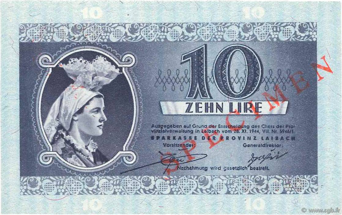 10 Lire Spécimen SLOWENIEN Ljubljana 1944 P.R05s ST