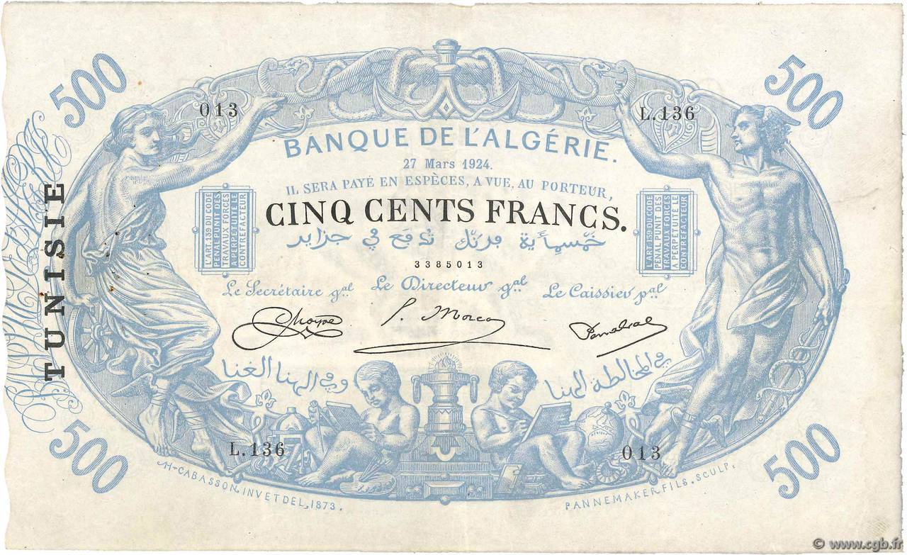 500 Francs TúNEZ  1924 P.05b MBC
