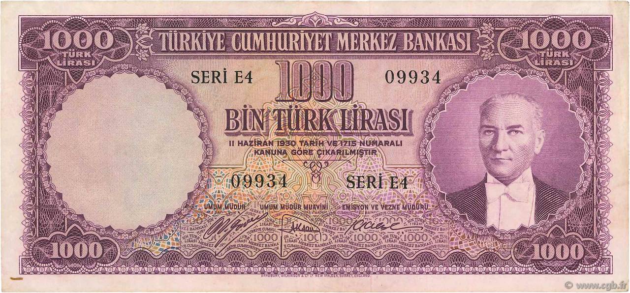 1000 Lira TURKEY  1930 P.172a VF