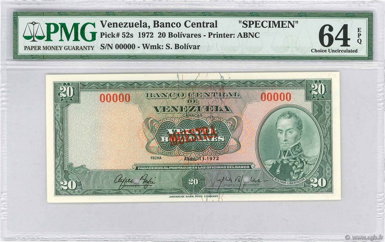 20 Bolivares Spécimen VENEZUELA  1972 P.052s UNC