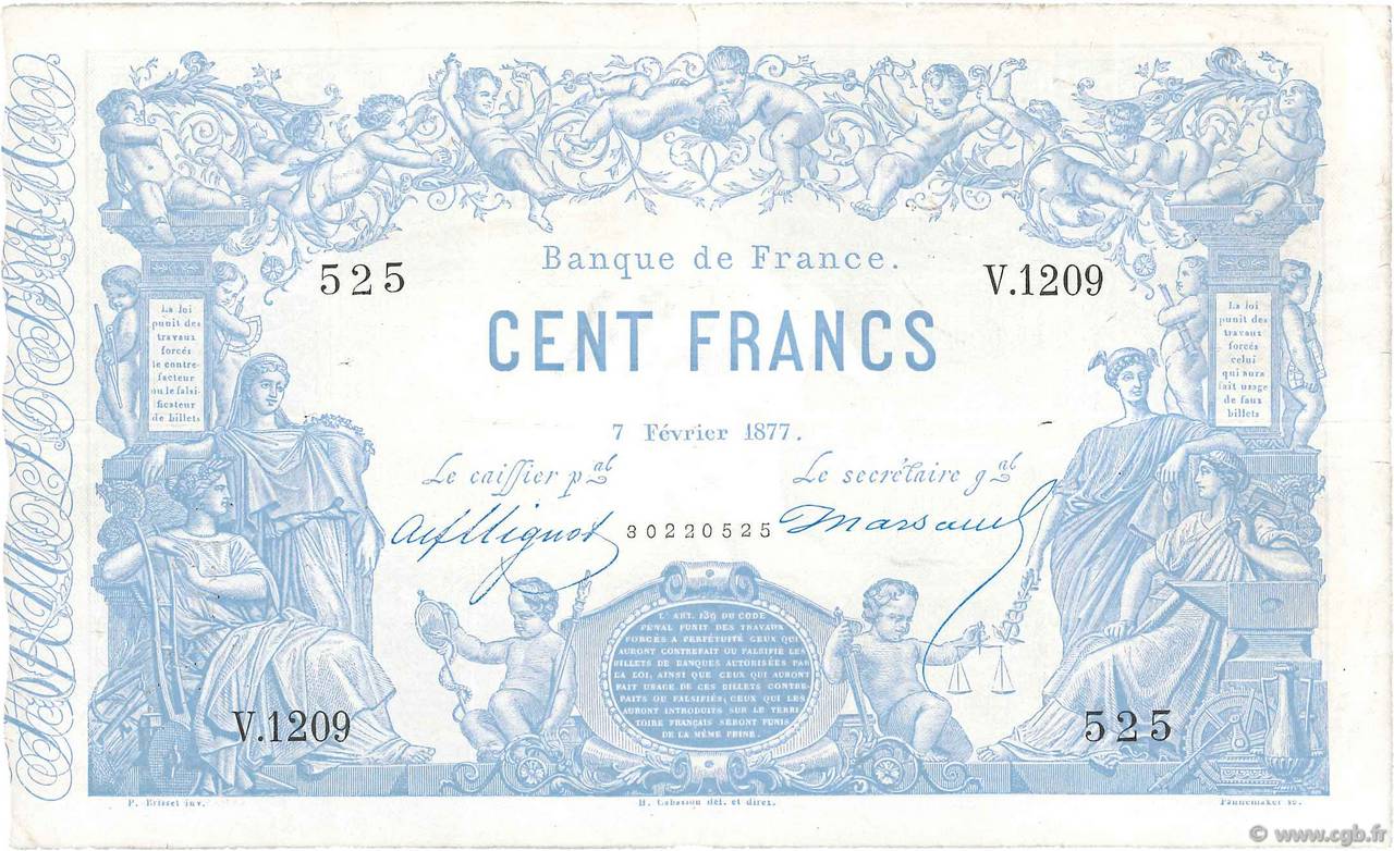 100 Francs type 1862 Indices Noirs FRANCE  1877 F.A39.13 TB+