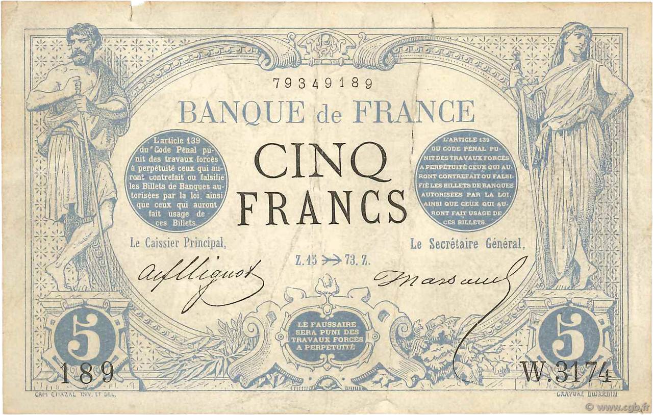 5 Francs NOIR FRANCE  1873 F.01.23 VF-