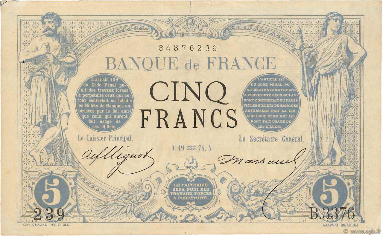 5 Francs NOIR FRANCE  1874 F.01.25 pr.TTB