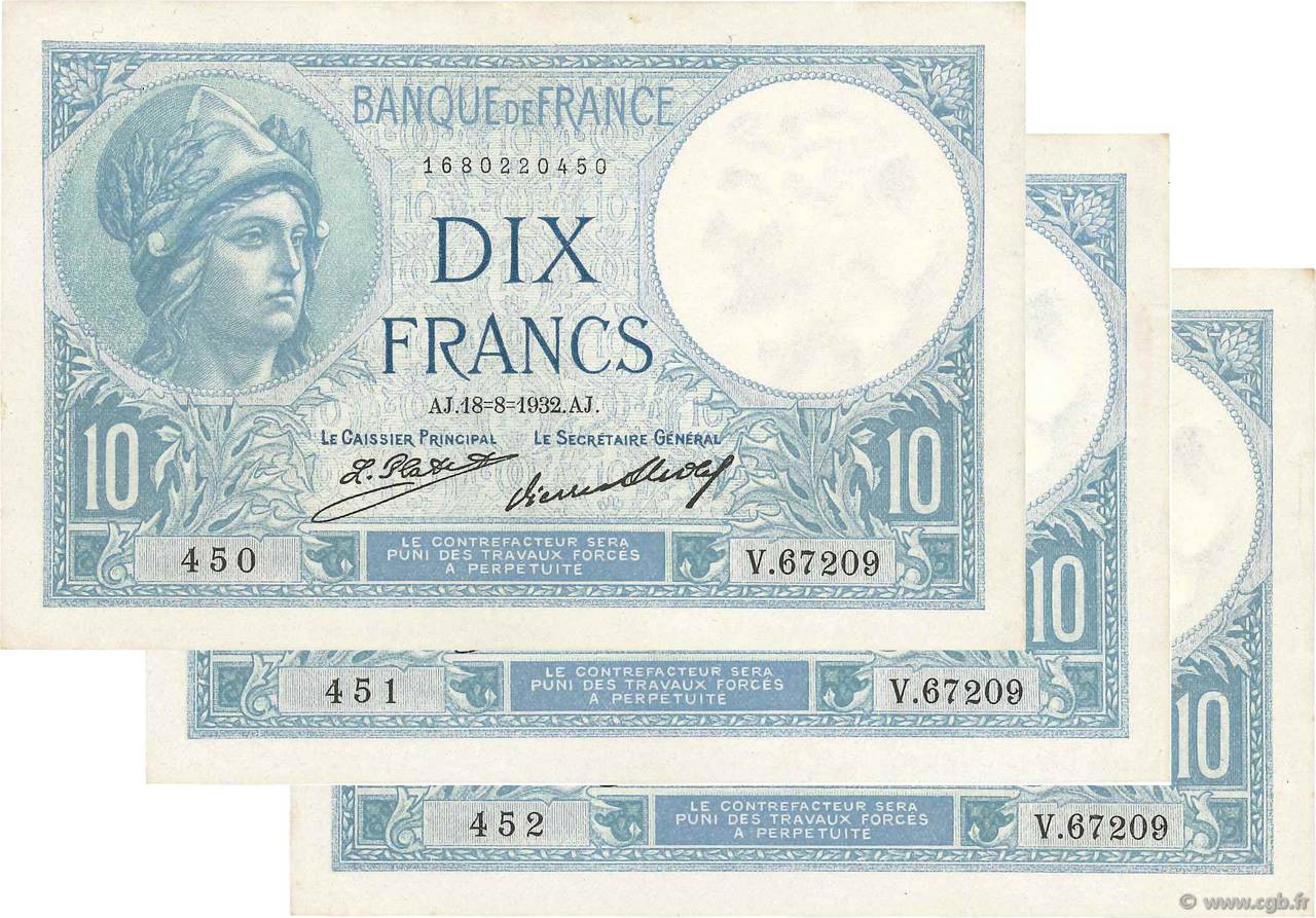 10 Francs MINERVE Consécutifs FRANCE  1932 F.06.16 SUP+