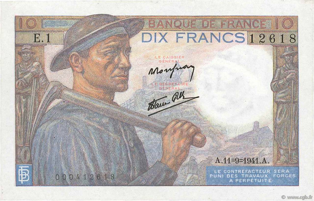 10 Francs MINEUR FRANCE  1941 F.08.01 pr.SPL