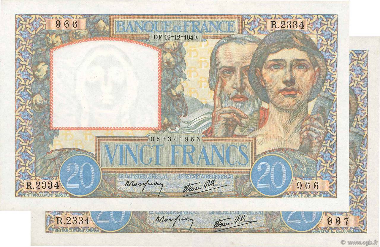 20 Francs TRAVAIL ET SCIENCE Consécutifs FRANCE  1940 F.12.11 pr.NEUF