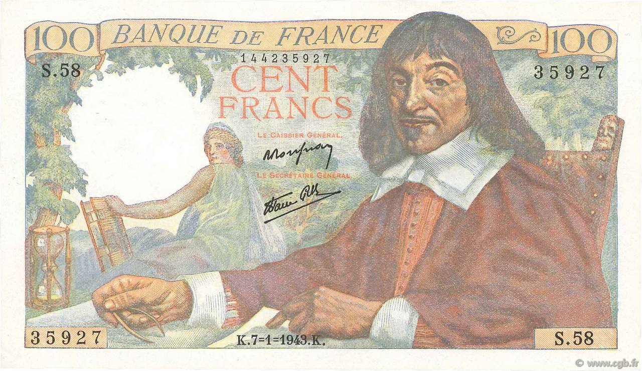 100 Francs DESCARTES FRANCE  1943 F.27.03 SUP
