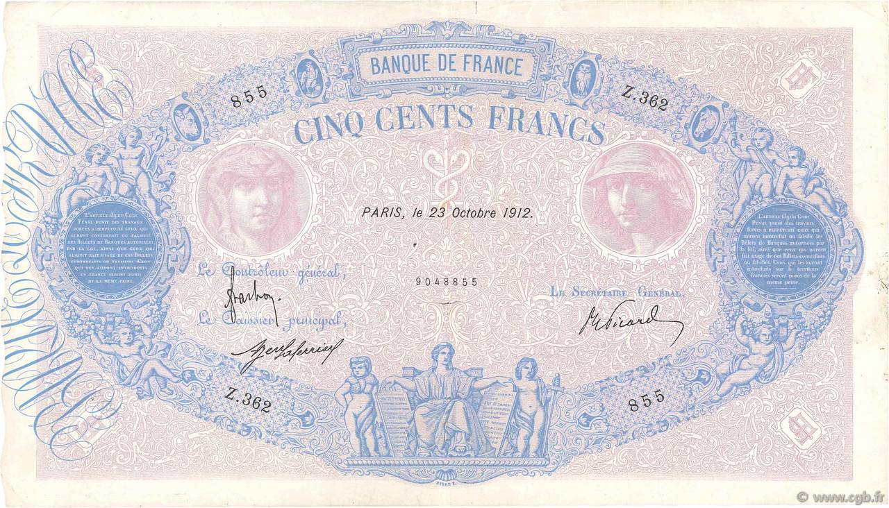 500 Francs BLEU ET ROSE FRANCE  1912 F.30.20 pr.TTB