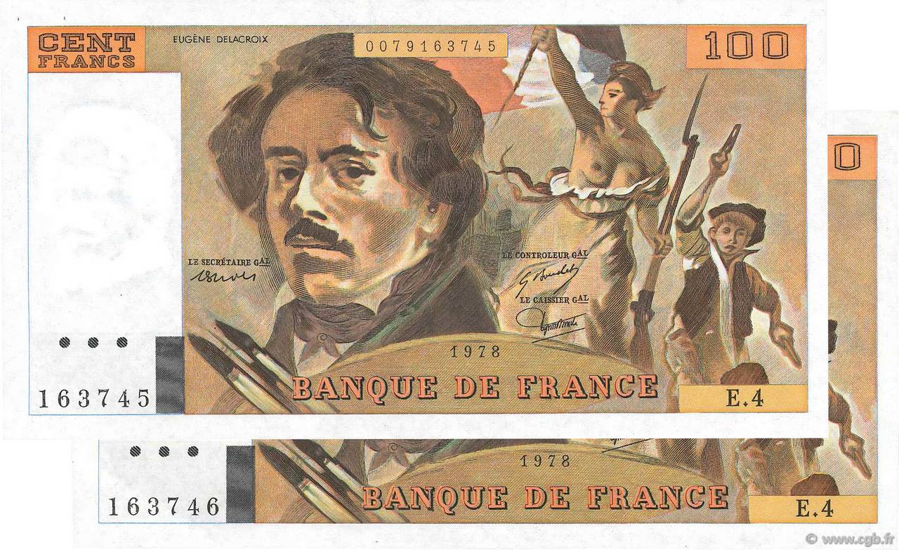 100 Francs DELACROIX modifié Consécutifs FRANCE  1978 F.69.01c SUP
